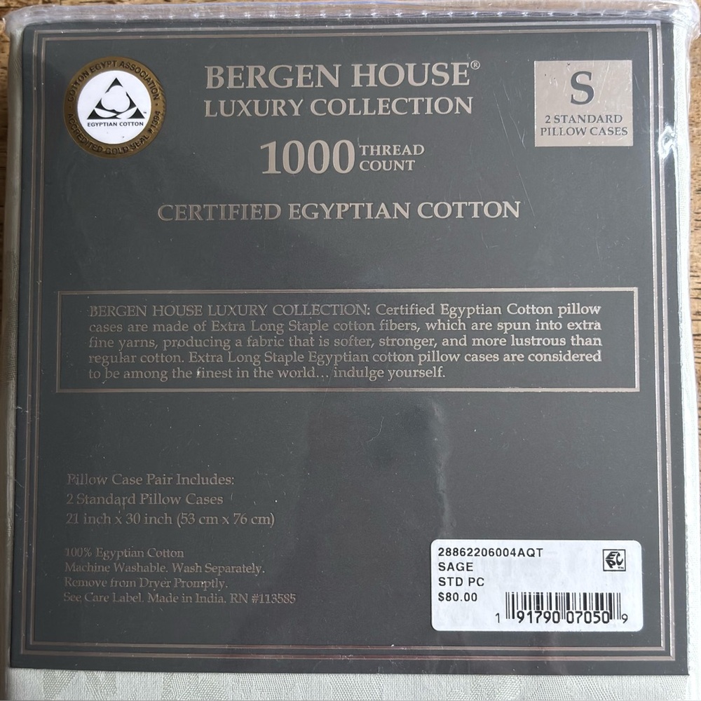 Bergen House Luxury 1000 Thread Count Egyptian Cotton Pillowcases Sage Set of 2 - Picture 4 of 4